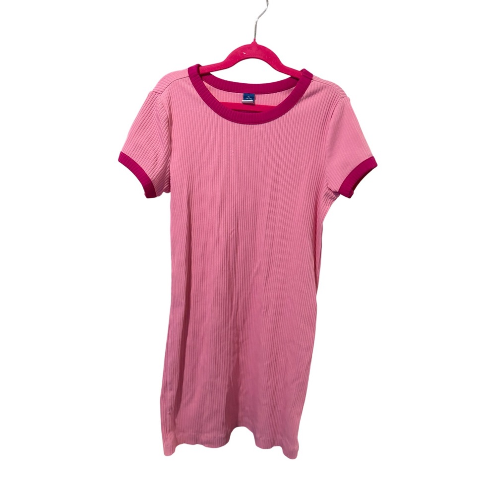 Old Navy Girls Pink Ribbed Knit Ringer T-Shirt Dress XL 14-16 Short Sleeve‎ Mini